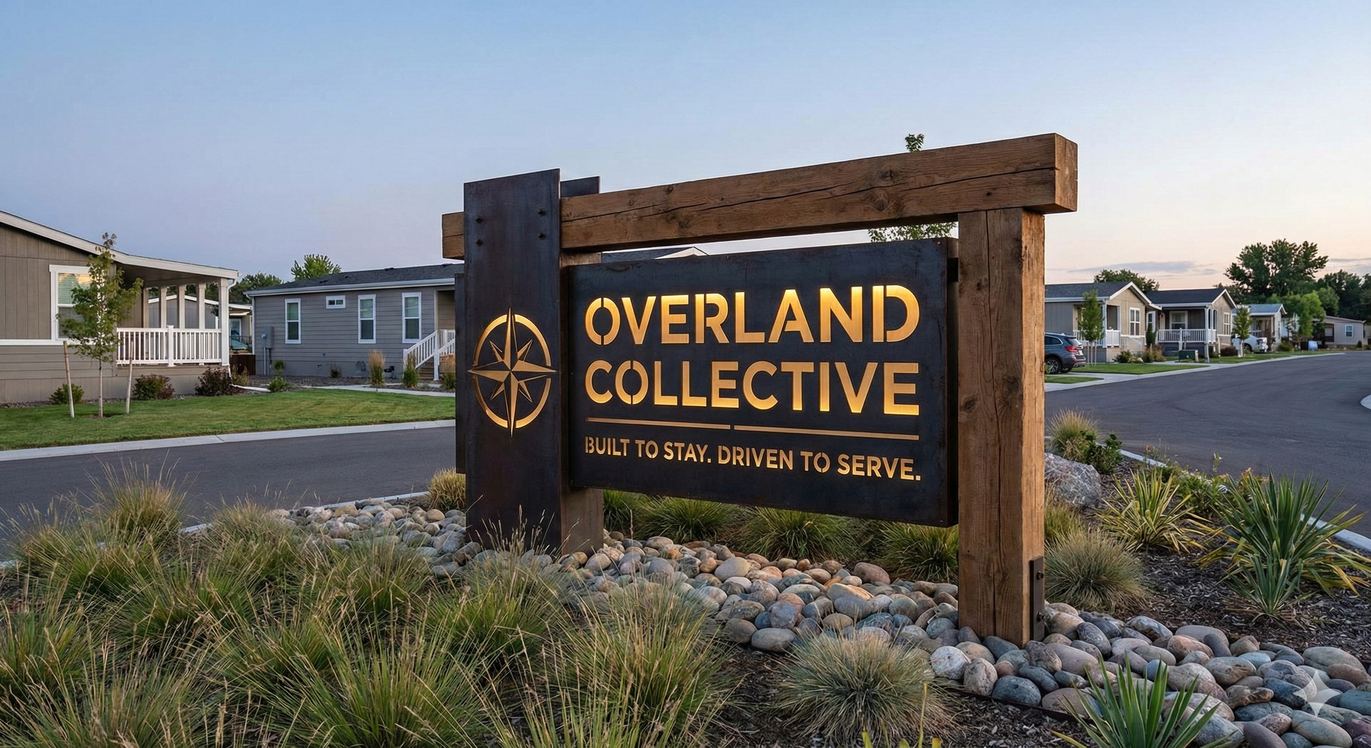 Overland Collective sign at a mobile home park community